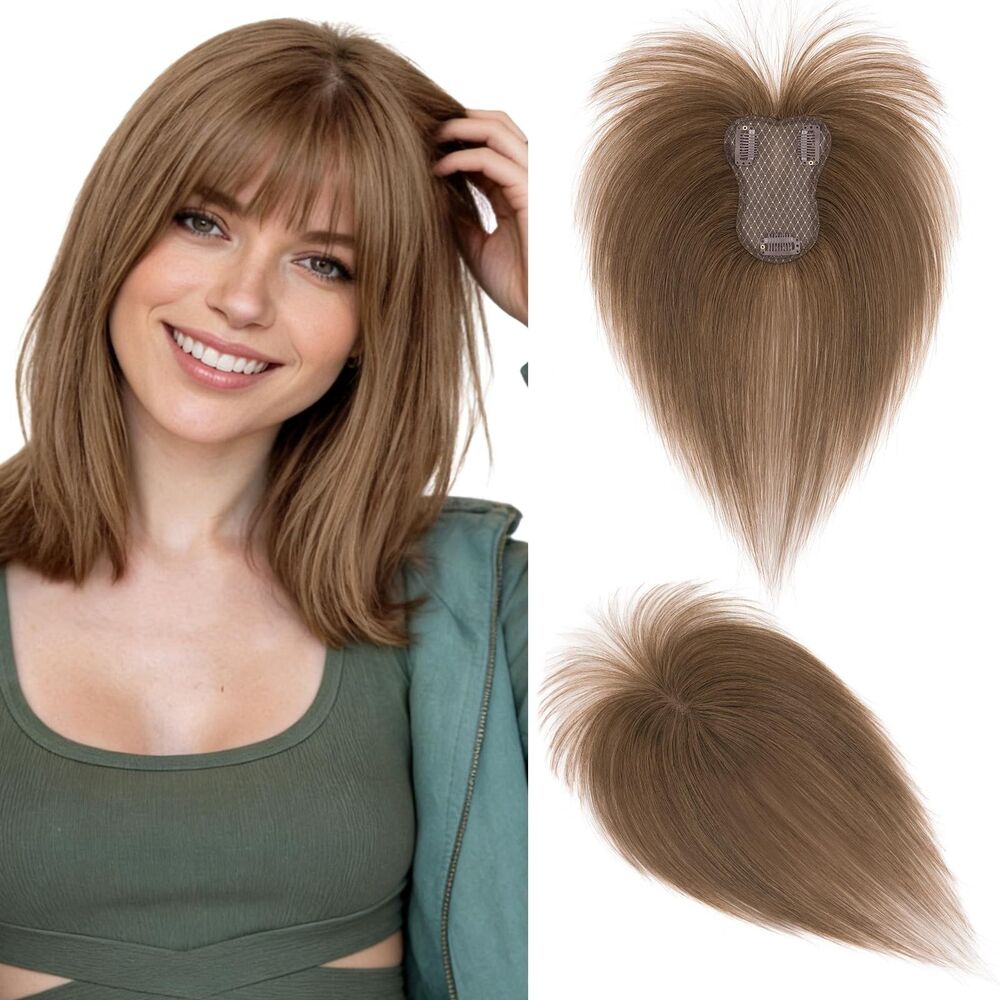 Hairro 10" Clip In Hair Topper with Bangs Remy Human Hair Wiglet Medium Brown